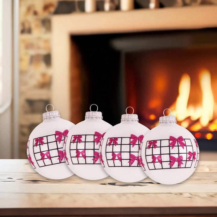 Glass Christmas Tree Ornaments - 67mm/2.63" [4 Pieces] Decorated Balls from Christmas by Krebs Seamless Hanging Holiday Decor (Porcelain White with Pink Bows)