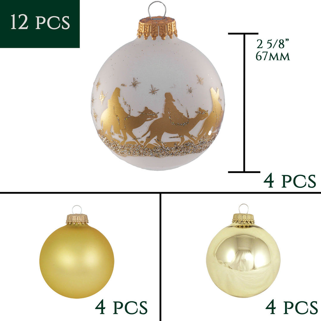 Glass Christmas Tree Ornaments - 67mm/2.63" Designer Balls from Christmas by Krebs - Seamless Hanging Holiday Decorations for Trees - Set of 12 Ornaments (Gold and Frost with Bethlehem Scene)