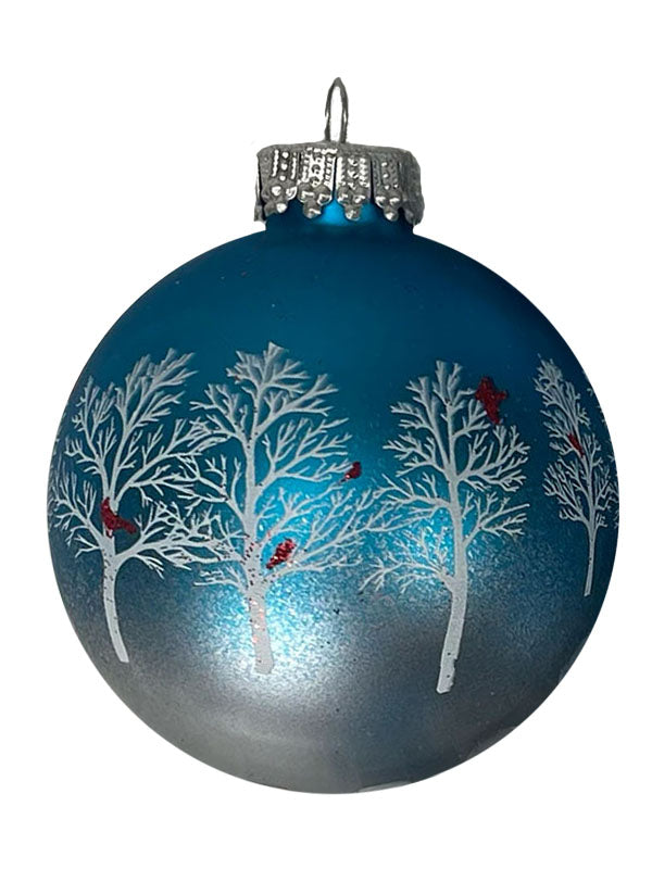 Glass Christmas Tree Ornaments - 67mm/2.63" [4 Pieces] Decorated Balls from Christmas by Krebs Seamless Hanging Holiday Decor (Turquoise Bliss Blue with Trees & Cardinals)