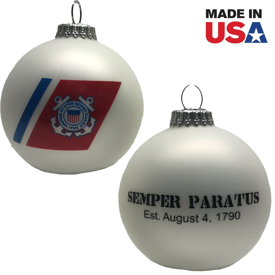 Christmas Tree Ornaments Made in the USA - 80mm / 3.25" Decorated Collectible Glass Balls from Christmas by Krebs - Handmade Hanging Holiday Decorations for Trees (Coast Guard Motto & Est Date, Silk)