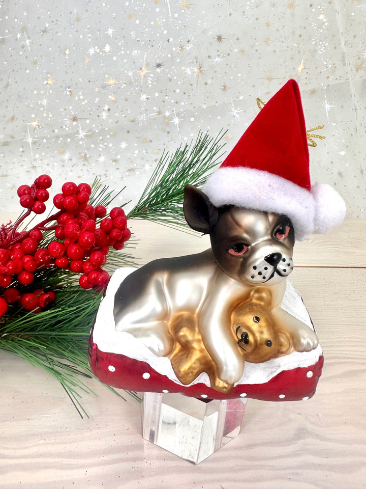 Christmas By Krebs Blown Glass  Collectible Tree Ornaments  (4" Dog with Santa Hat and Teddy Bear)