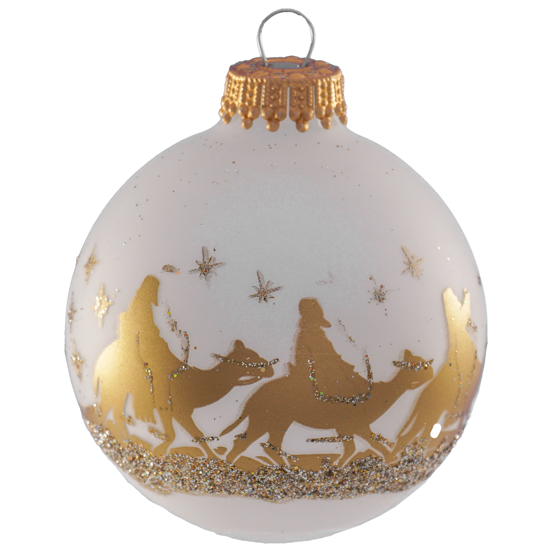 Glass Christmas Tree Ornaments - 67mm/2.63" Designer Balls from Christmas by Krebs - Seamless Hanging Holiday Decorations for Trees - Set of 12 Ornaments (Gold and Frost with Bethlehem Scene)