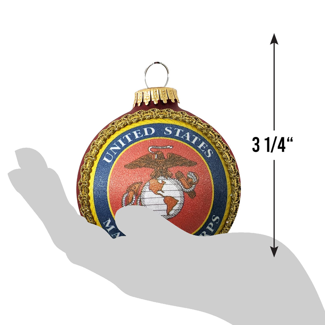 Christmas Tree Ornaments Made in the USA - 80mm / 3.25" Decorated Collectible Glass Balls from Christmas by Krebs - Handmade Hanging Holiday Decorations for Trees (Marine Corps Crest and Motto Silk With Hymn, Silk)