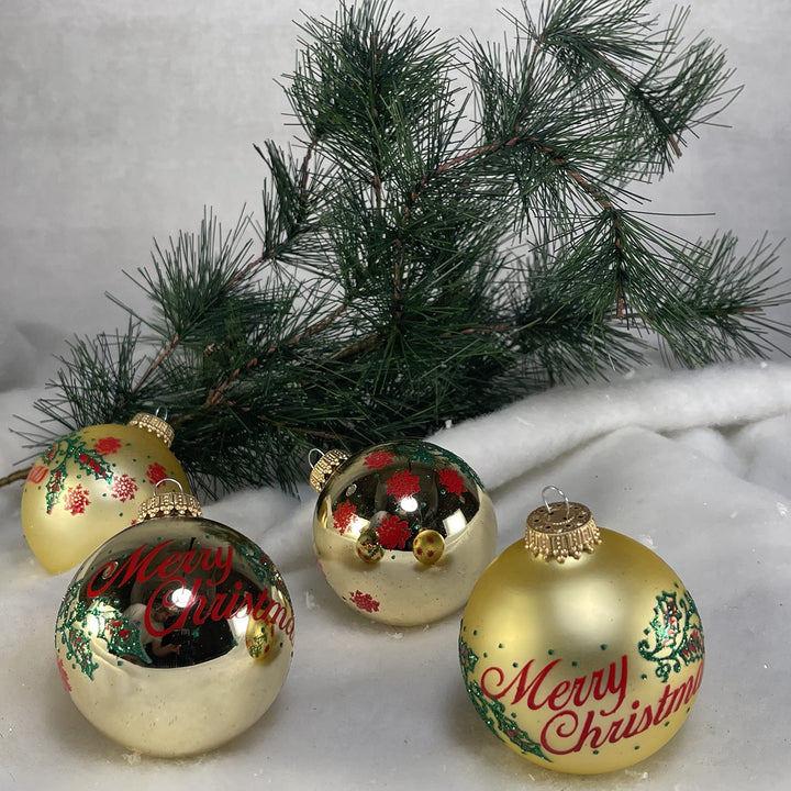 Glass Christmas Tree Ornaments - 67mm/2.63" [4 Pieces] Decorated Balls from Christmas by Krebs Seamless Hanging Holiday Decor (Aztec Gold & Gold Velvet with Red "Merry Christmas" and Green Glitter Leaves)