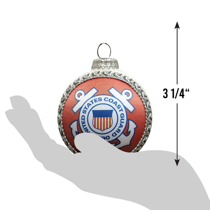 Christmas Tree Ornaments Made in the USA - 80mm / 3.25" Decorated Collectible Glass Balls from Christmas by Krebs - Handmade Hanging Holiday Decorations for Trees (USCG Coast Guard Logo & Hymn, Silk)