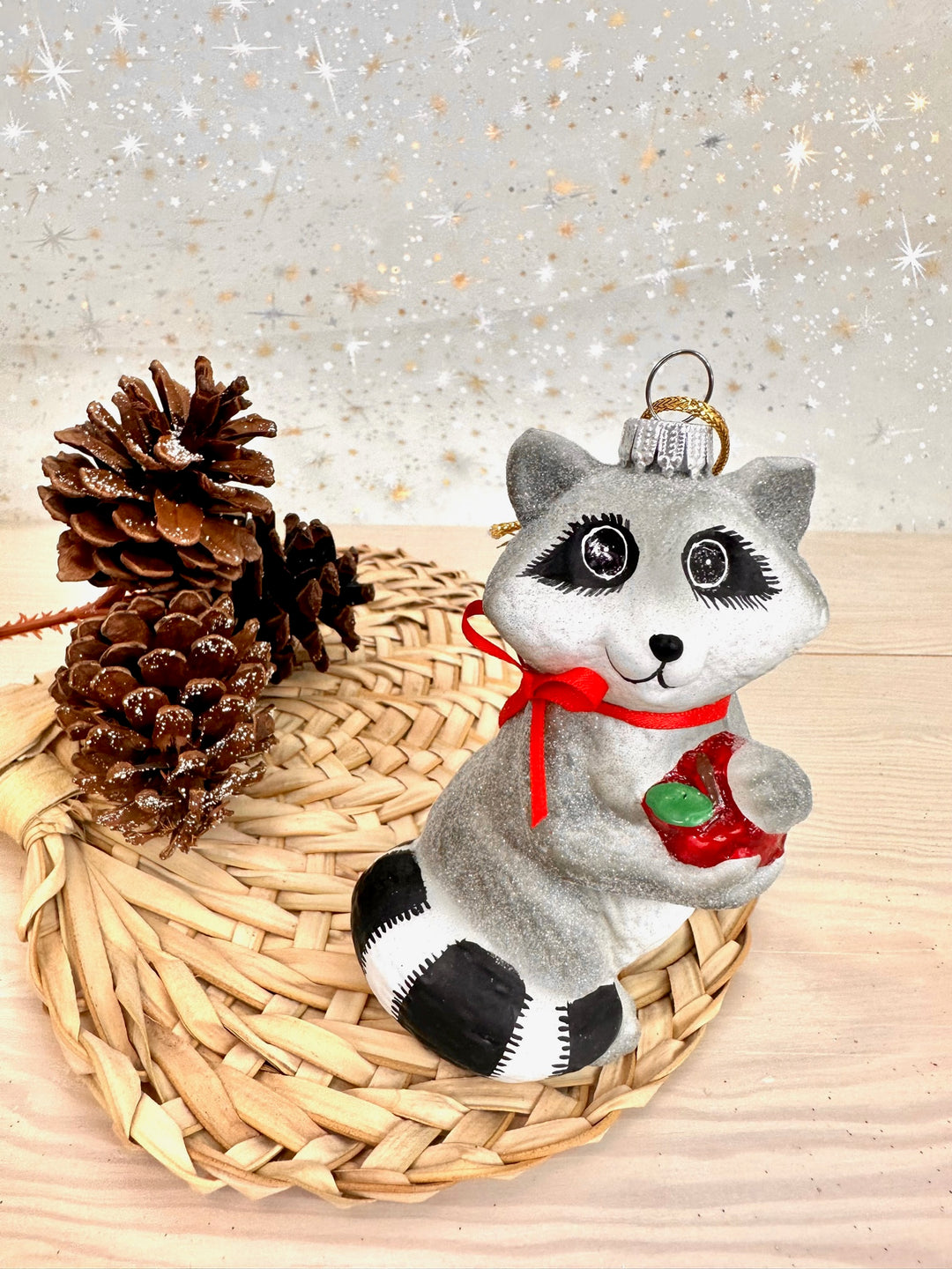 Christmas By Krebs Blown Glass  Collectible Tree Ornaments  (4" Racoon with Apple)