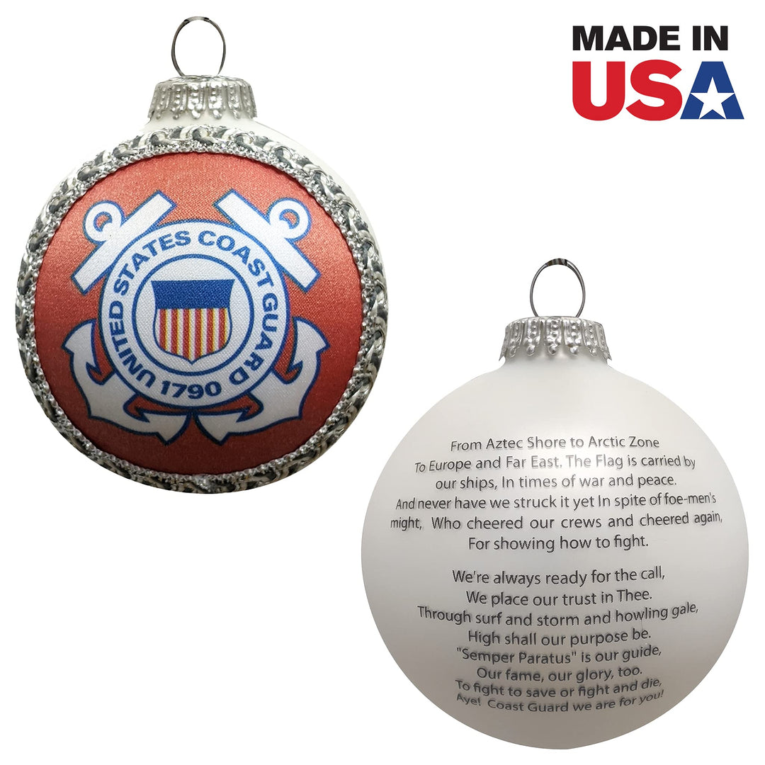 Christmas Tree Ornaments Made in the USA - 80mm / 3.25" Decorated Collectible Glass Balls from Christmas by Krebs - Handmade Hanging Holiday Decorations for Trees (USCG Coast Guard Logo & Hymn, Silk)