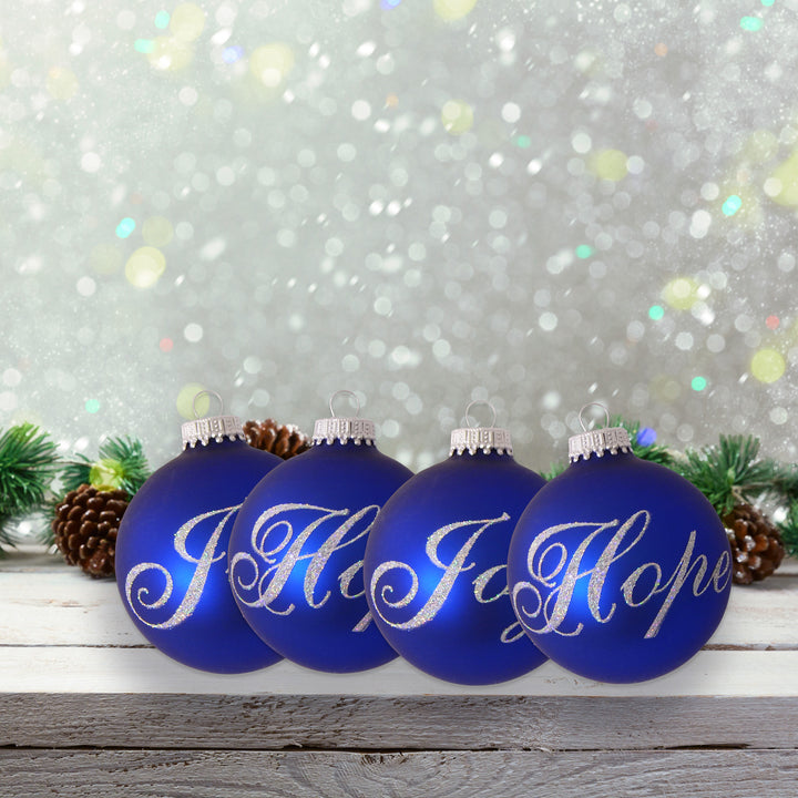 Glass Christmas Tree Ornaments - 67mm/2.625" [4 Pieces] Decorated Balls from Christmas by Krebs Seamless Hanging Holiday Decor (Royal Velvet with Silver Glitter Hope & Joy)