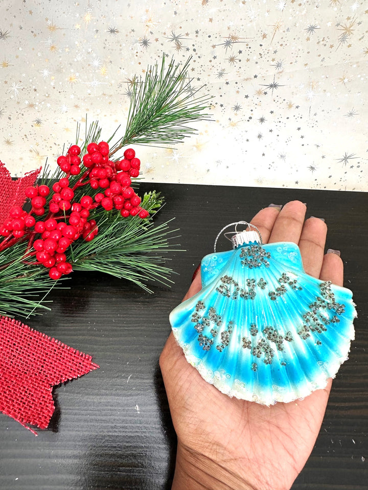 Christmas By Krebs Blown Glass  Collectible Tree Ornaments  (3 1/2" Blue Scallop Sea Shell)