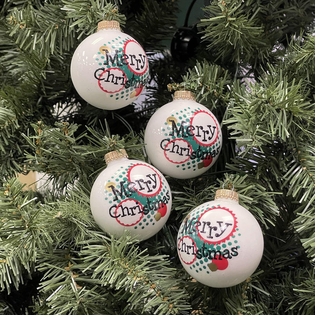 Glass Christmas Tree Ornaments - 67mm/2.625" [4 Pieces] Decorated Balls from Christmas by Krebs Seamless Hanging Holiday Decor (Porcelain White with Merry Christmas)