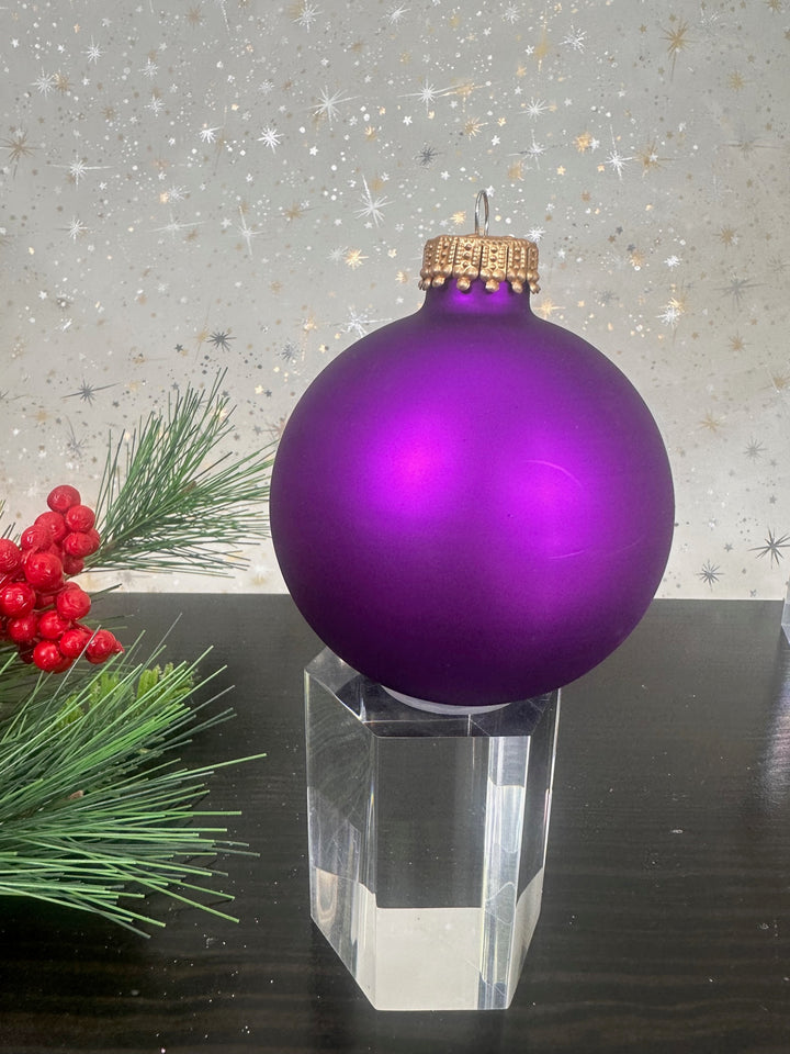 Glass Christmas Tree Ornaments - 67mm/2.63" Designer Balls from Christmas by Krebs - Seamless Hanging Holiday Decorations for Trees - Set of 12 Ornaments (Shiny, Velvet and Glitter Purple)