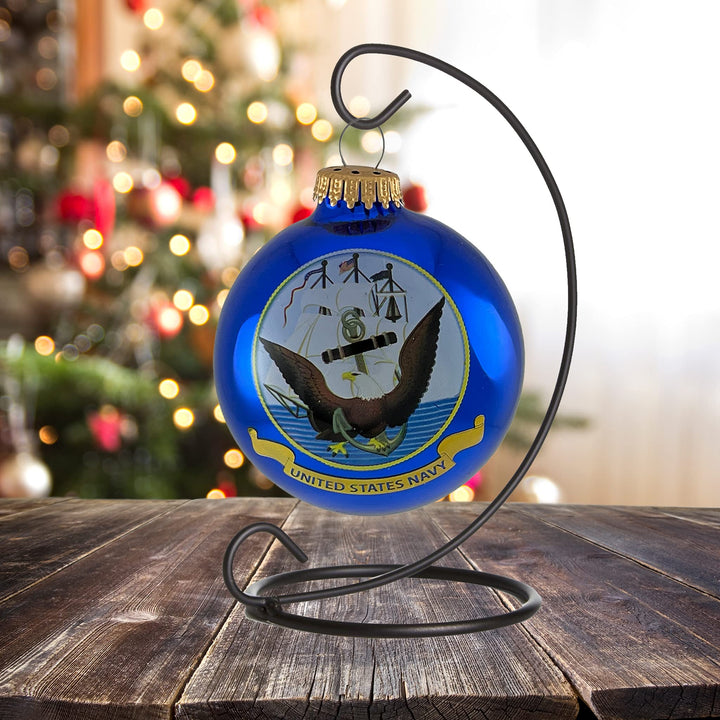 Christmas Tree Ornaments Made in the USA - 80mm / 3.25" Decorated Collectible Glass Balls from Christmas by Krebs - Handmade Hanging Holiday Decorations for Trees (Navy with Established Date, Silk)