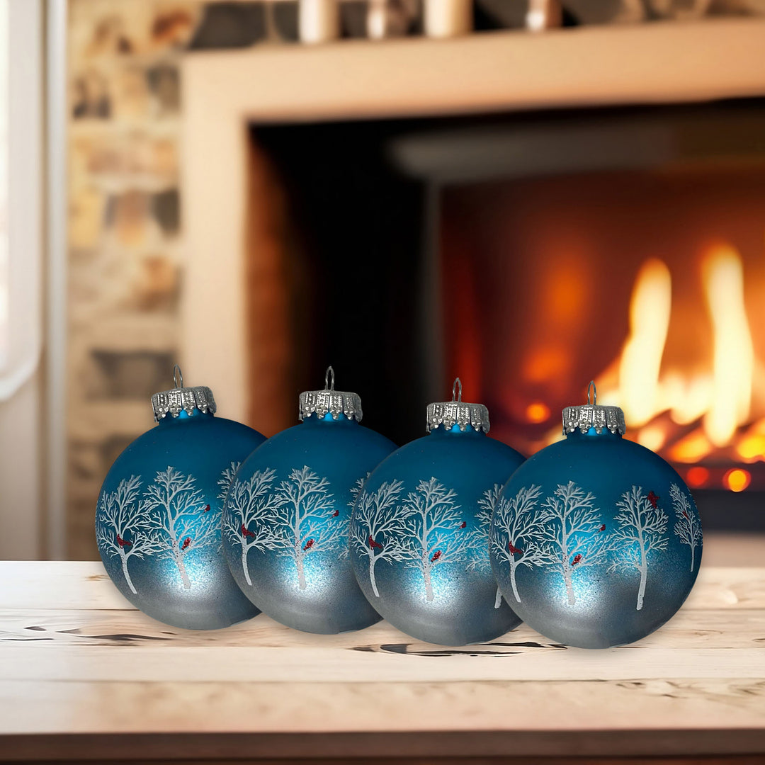 Glass Christmas Tree Ornaments - 67mm/2.63" [4 Pieces] Decorated Balls from Christmas by Krebs Seamless Hanging Holiday Decor (Turquoise Bliss Blue with Trees & Cardinals)