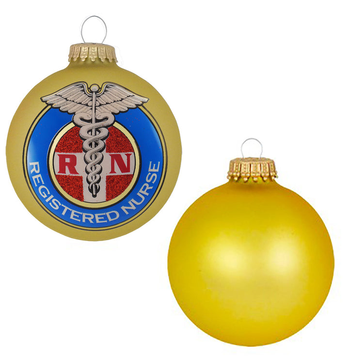 Christmas Tree Ornaments - 80mm / 3.25" Decorated Collectible Glass Balls from Christmas by Krebs - Handmade Hanging Holiday Decorations for Trees (Gold Velvet with Nurse Icon)