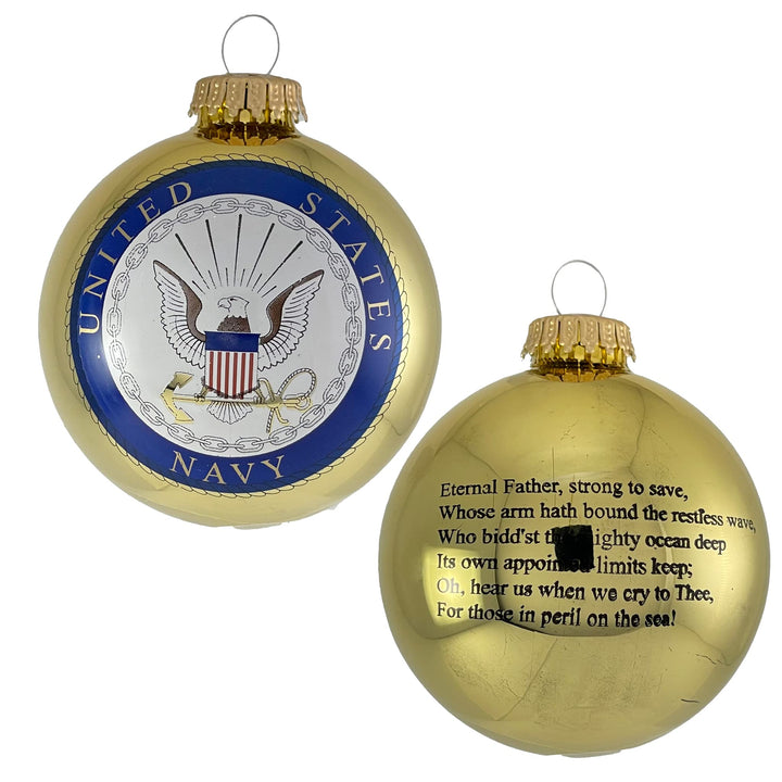 Christmas Tree Ornaments Made in the USA - 80mm / 3.25" Decorated Collectible Glass Balls from Christmas by Krebs - Handmade Hanging Holiday Decoration for Trees (USN Logo & Hymn)