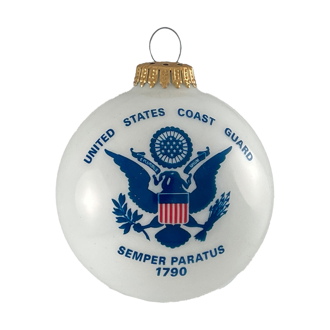 Christmas Tree Ornaments Made in the USA - 80mm / 3.25" Decorated Collectible Glass Balls from Christmas by Krebs - Handmade Hanging Holiday Decorations for Trees (Coast Guard with Established Date, Silk)