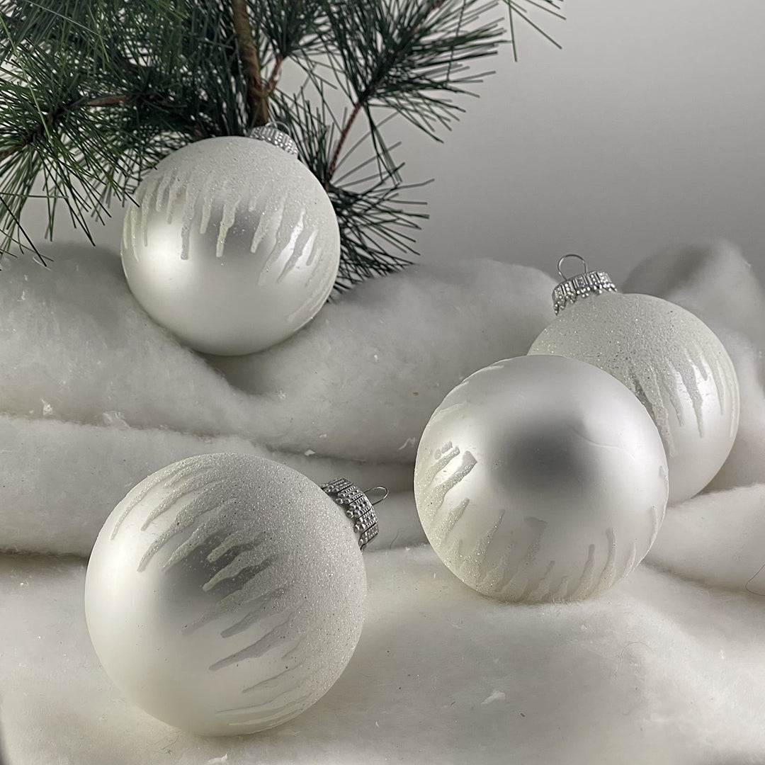 Glass Christmas Tree Ornaments - 67mm/2.63" [4 Pieces] Decorated Balls from Christmas by Krebs Seamless Hanging Holiday Decor (Silver Pearl with White Icicles)