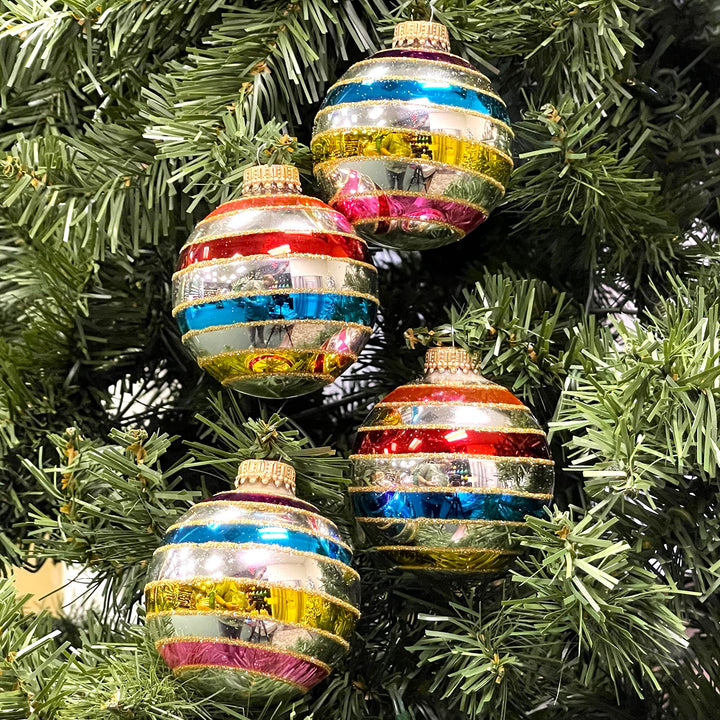 Glass Christmas Tree Ornaments - 67mm/2.63" [4 Pieces] Decorated Balls from Christmas by Krebs Seamless Hanging Holiday Decor (Bright Silver with Multicolor Lines)
