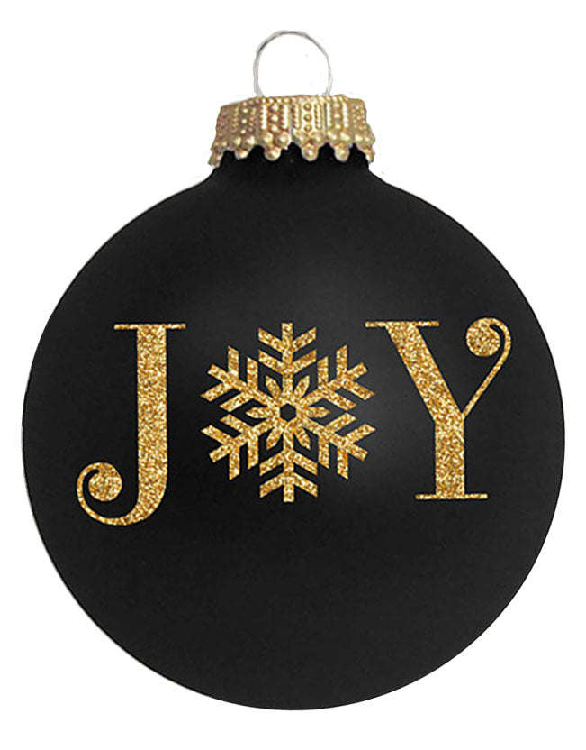 Glass Christmas Tree Ornaments - 67mm/2.63" [4 Pieces] Decorated Balls from Christmas by Krebs Seamless Hanging Holiday Decor (Ebony Velvet with Gold Glitter Joy)