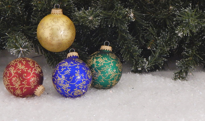 Glass Christmas Tree Ornaments - 67mm/2.63" [4 Pieces] Decorated Balls from Christmas by Krebs Seamless Hanging Holiday Decor (Traditional Colors with Gold Glitterlace)