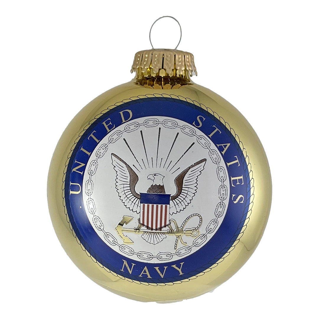 Christmas Tree Ornaments Made in the USA - 80mm / 3.25" Decorated Collectible Glass Balls from Christmas by Krebs - Handmade Hanging Holiday Decorations for Trees (USN Navy Logo & Hymn, Hymn)