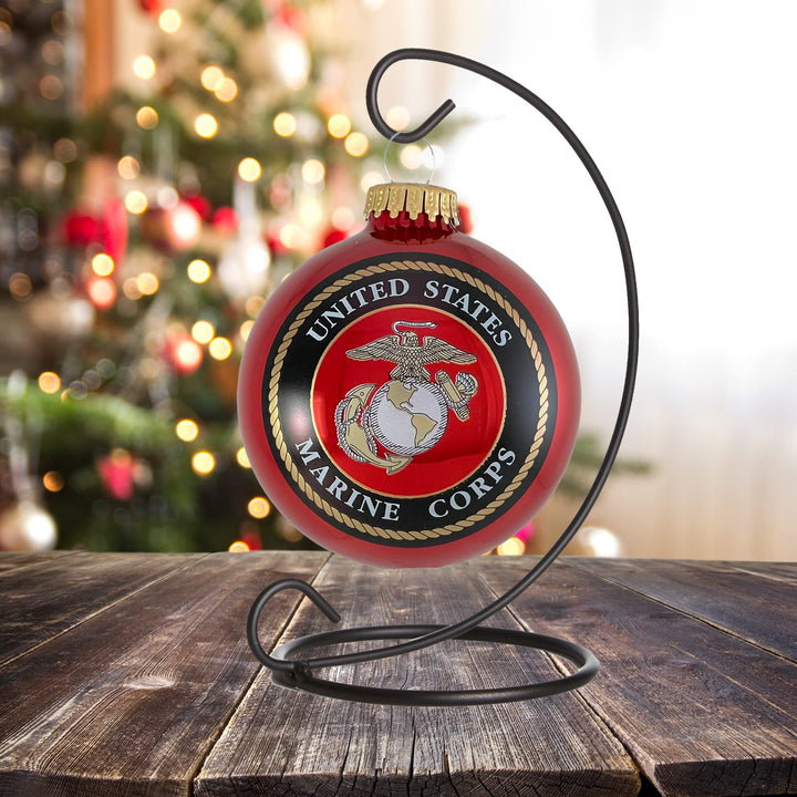 Christmas Tree Ornaments Made in the USA - 80mm / 3.25" Decorated Collectible Glass Balls from Christmas by Krebs - Handmade Hanging Holiday Decorations for Trees (USMC Marine Corps Logo & Hymn, Hymn)