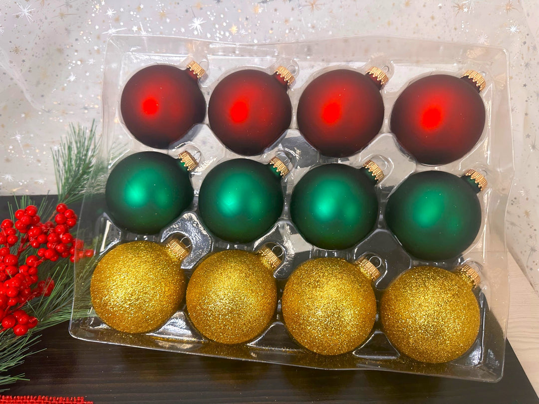 Glass Christmas Tree Ornaments - 67mm/2.63" Designer Balls from Christmas by Krebs - Seamless Hanging Holiday Decorations for Trees - Set of 12 Ornaments (Velvet Red, Velvet Green & Gold Glitter)