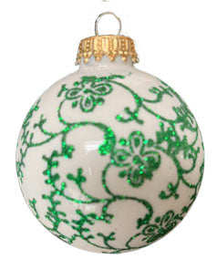 Glass Christmas Tree Ornaments - 67mm/2.625" [4 Pieces] Decorated Balls from Christmas by Krebs Seamless Hanging Holiday Decor (Porcelain White with Green Floral Glitterlace)