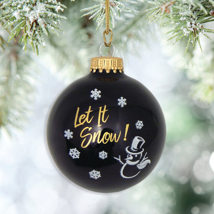 Glass Christmas Tree Ornaments - 67mm/2.63" [4 Pieces] Decorated Balls from Christmas by Krebs Seamless Hanging Holiday Decor (Ebony Shine and Velvet with Let It Snow)