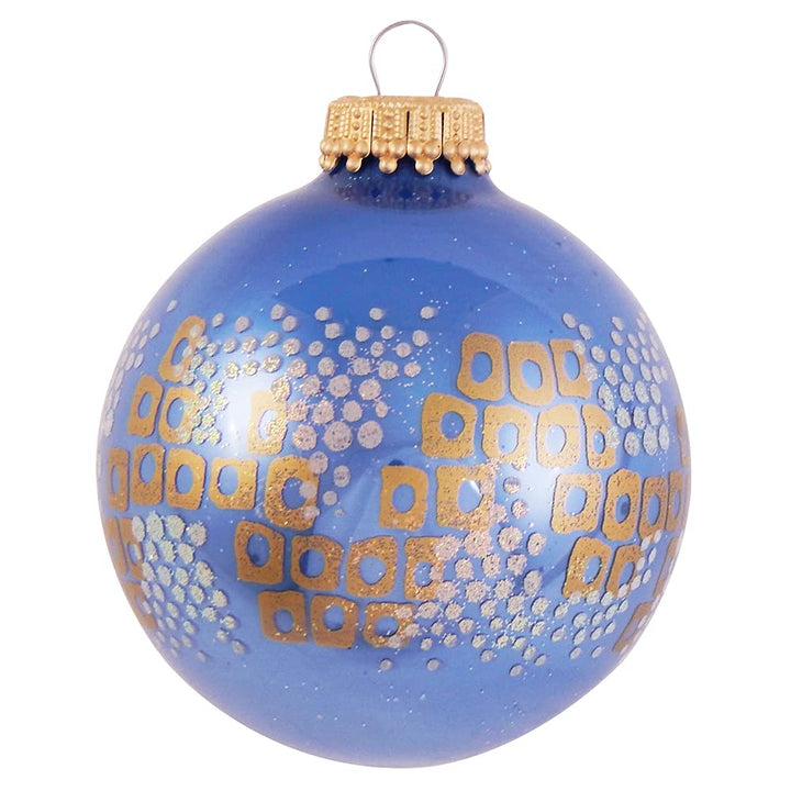 Glass Christmas Tree Ornaments - 67mm/2.63" [4 Pieces] Decorated Balls from Christmas by Krebs Seamless Hanging Holiday Decor (Shiny Blue Jay with Squares and Circles)