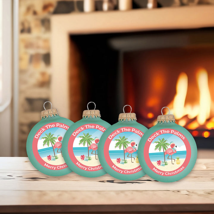 Glass Christmas Tree Ornaments - 67mm/2.63" [4 Pieces] Decorated Balls from Christmas by Krebs Seamless Hanging Holiday Decor (Mermaid Velvet with Holiday Flamingo)