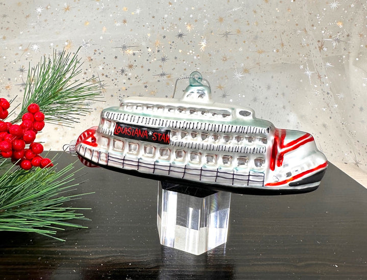 Christmas By Krebs Blown Glass  Collectible Tree Ornaments  (Blue Paddlewheel River Boat)