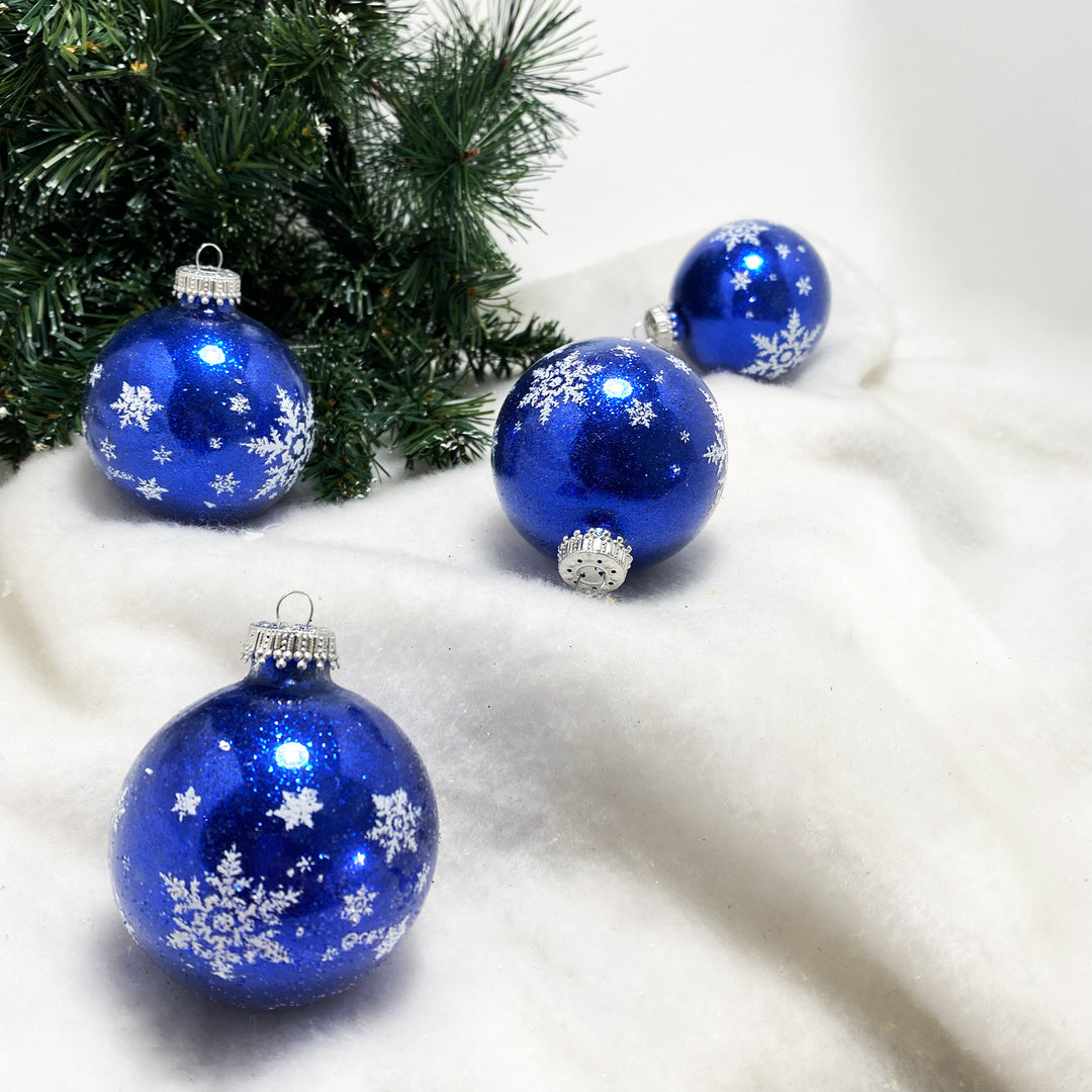 Glass Christmas Tree Ornaments - 67mm/2.63" [4 Pieces] Decorated Balls from Christmas by Krebs Seamless Hanging Holiday Decor (Dark Blue Sparkle with White Snowflakes)