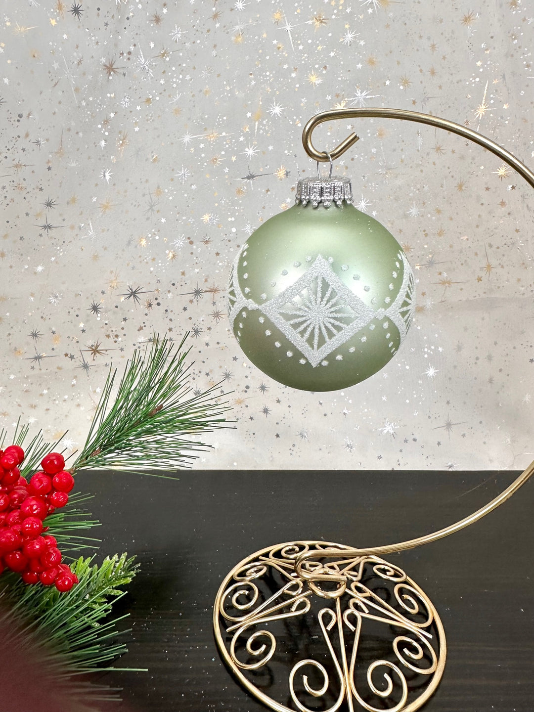 Glass Christmas Tree Ornaments - 67mm/2.625" [4 Pieces] Decorated Balls from Christmas by Krebs Seamless Hanging Holiday Decor (Beach Glass Green Velvet with White Star Diamonds)