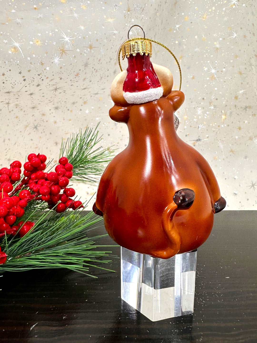 Christmas By Krebs Blown Glass  Collectible Tree Ornaments  (Happy Ox with Santa Hat Cow)