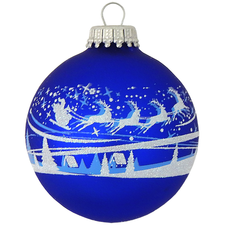 Glass Christmas Tree Ornaments - 67mm/2.63" [4 Pieces] Decorated Balls from Christmas by Krebs Seamless Hanging Holiday Decor (Royal Velvet Blue with Santa Over Village)