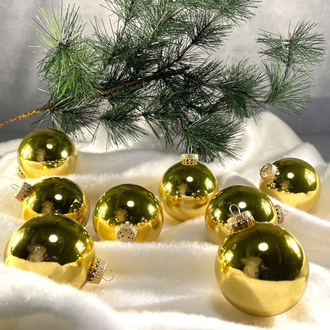 Glass Christmas Tree Ornaments - 67mm / 2.63" [8 Pieces] Designer Balls from Christmas By Krebs Seamless Hanging Holiday Decor (Shiny Topaz Gold)