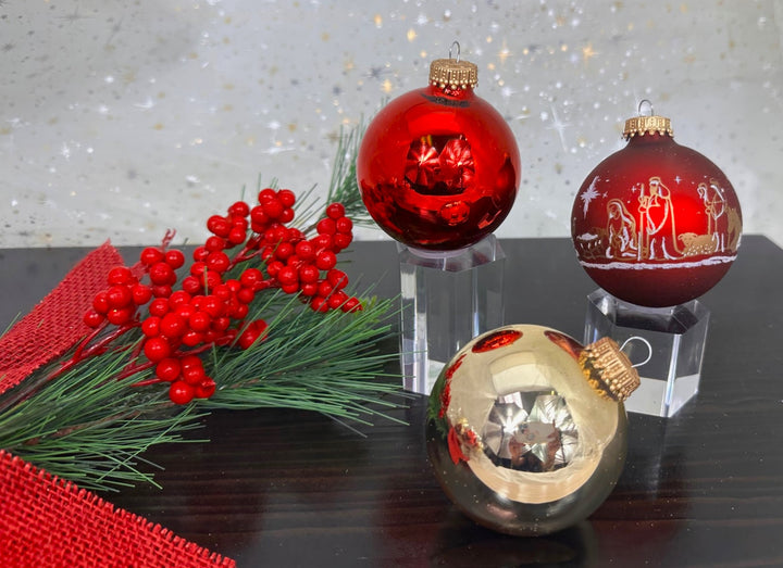 Glass Christmas Tree Ornaments - 67mm/2.63" Designer Balls from Christmas by Krebs - Seamless Hanging Holiday Decorations for Trees - Set of 12 Ornaments (Red and Gold with Nativity Scene)