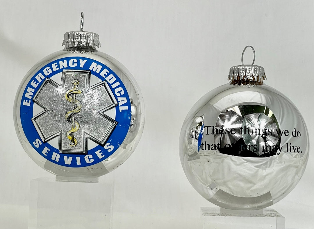 Christmas Tree Ornaments - 80mm / 3.25" Decorated Collectible Glass Balls from Christmas by Krebs - Handmade Hanging Holiday Decorations for Trees (Bright Silver with Emergency Medical Services-EMS Logo)