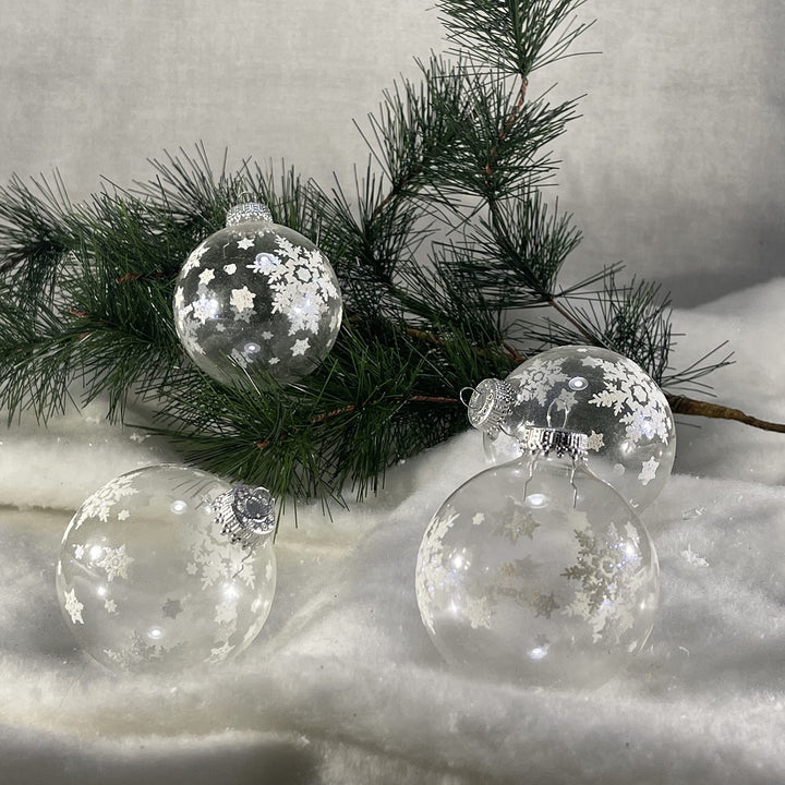 Glass Christmas Tree Ornaments - 67mm/2.63" [4 Pieces] Decorated Balls from Christmas by Krebs Seamless Hanging Holiday Decor (Clear with White Big Snowflakes)