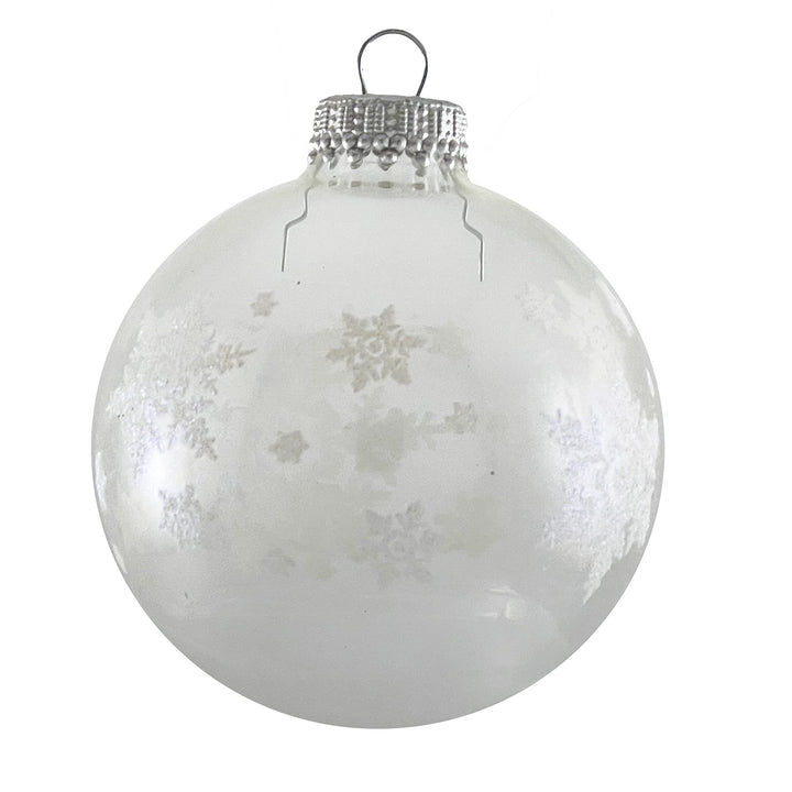 Glass Christmas Tree Ornaments - 67mm/2.63" [4 Pieces] Decorated Balls from Christmas by Krebs Seamless Hanging Holiday Decor (Clear with White Big Snowflakes)