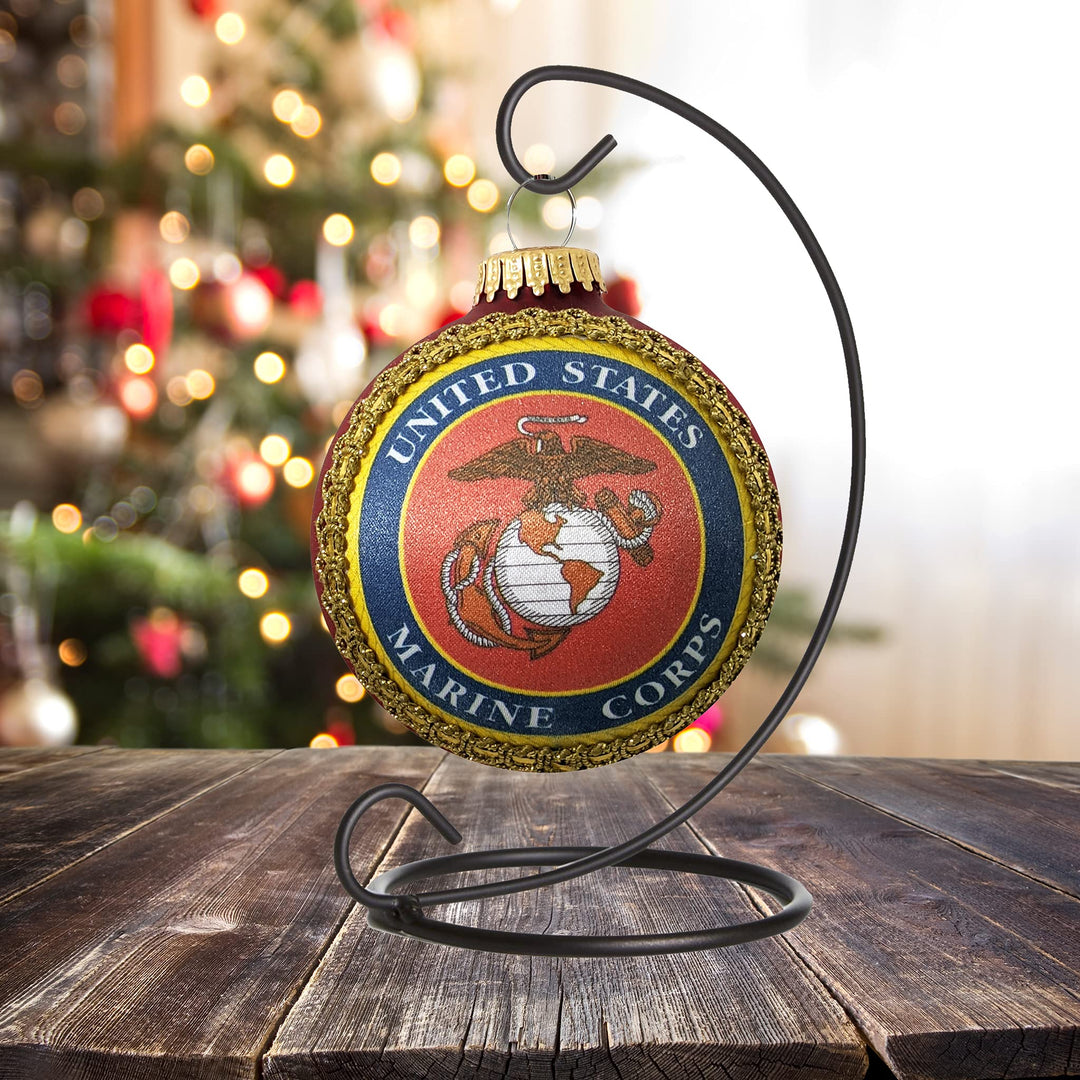 Christmas Tree Ornaments Made in the USA - 80mm / 3.25" Decorated Collectible Glass Balls from Christmas by Krebs - Handmade Hanging Holiday Decorations for Trees (Marine Corps Crest and Motto Silk With Hymn, Silk)