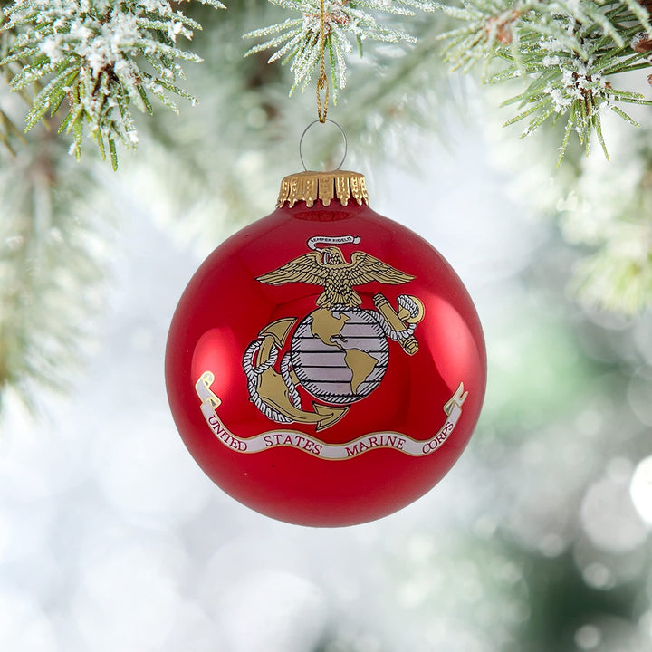 Christmas Tree Ornaments Made in the USA - 80mm / 3.25" Decorated Collectible Glass Balls from Christmas by Krebs - Handmade Hanging Holiday Decorations for Trees (Marine Corps with Established Date, Silk)