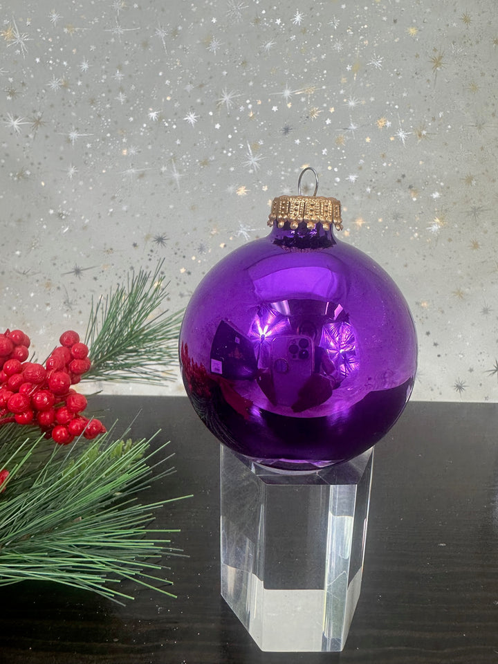 Glass Christmas Tree Ornaments - 67mm/2.63" Designer Balls from Christmas by Krebs - Seamless Hanging Holiday Decorations for Trees - Set of 12 Ornaments (Shiny, Velvet and Glitter Purple)