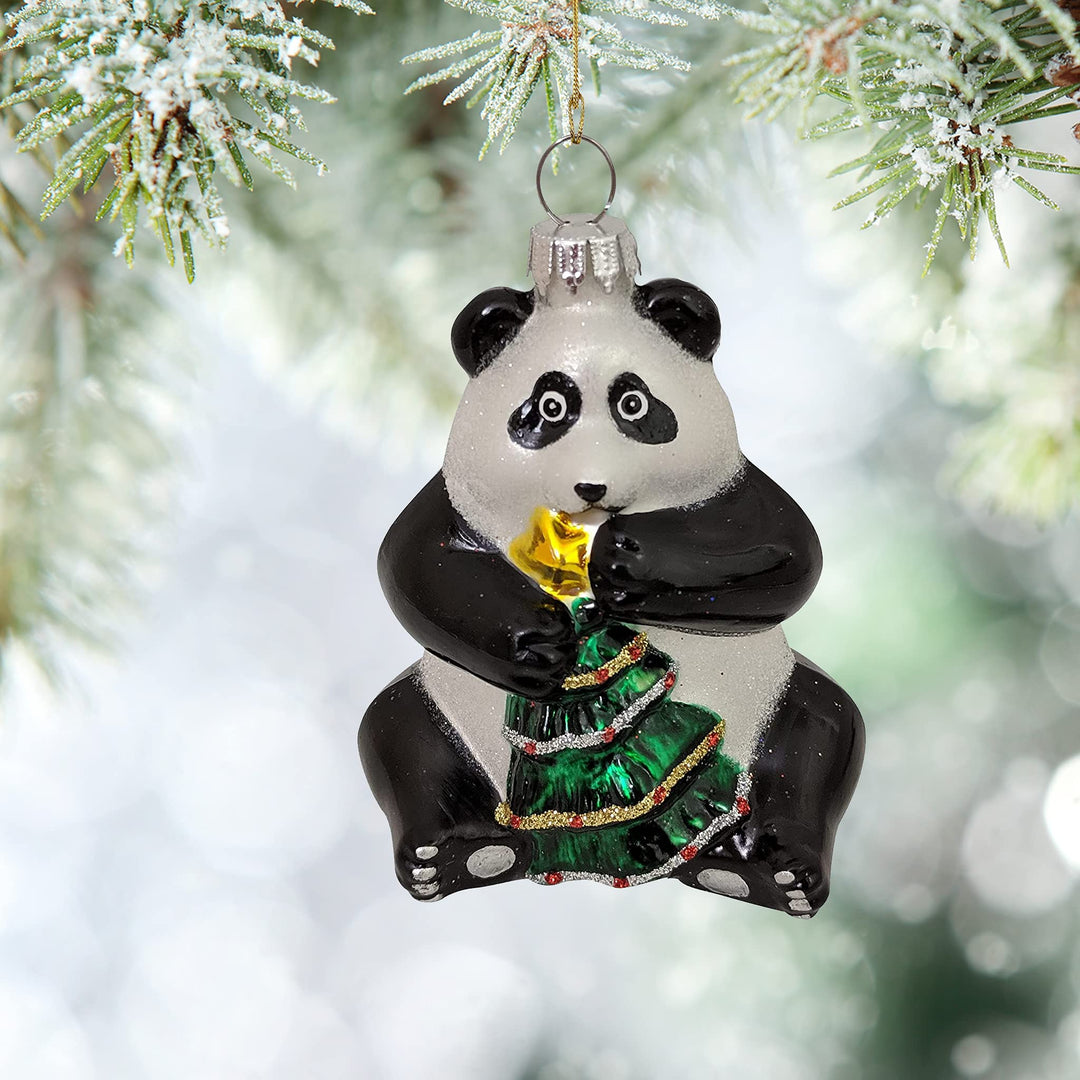 Christmas By Krebs Blown Glass  Collectible Tree Ornaments  (Panda Holding Christmas Tree)