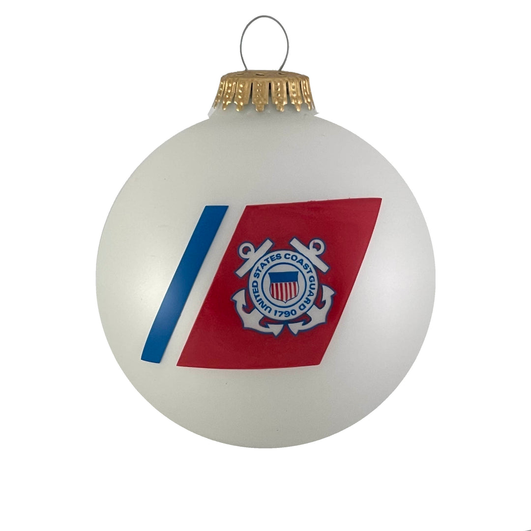 Christmas Tree Ornaments Made in the USA - 80mm / 3.25" Decorated Collectible Glass Balls from Christmas by Krebs - Handmade Hanging Holiday Decorations for Trees (Coast Guard Motto & Est Date, Silk)