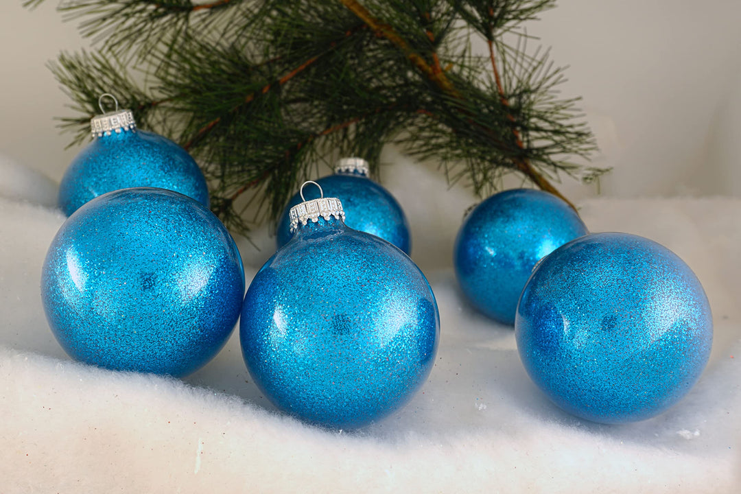 Glass Christmas Tree Ornaments - 67mm / 2.63" [6 Pieces] Designer Balls from Christmas By Krebs Seamless Hanging Holiday Decor (Aqua Blue Sparkle)