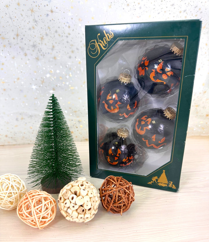 Halloween Tree Ornaments - 67mm/2.625" Decorated Glass Balls from Christmas by Krebs - Handmade Seamless Hanging Holiday Decorations for Trees - Set of 4 (Shiny Ebony Black with Faces)