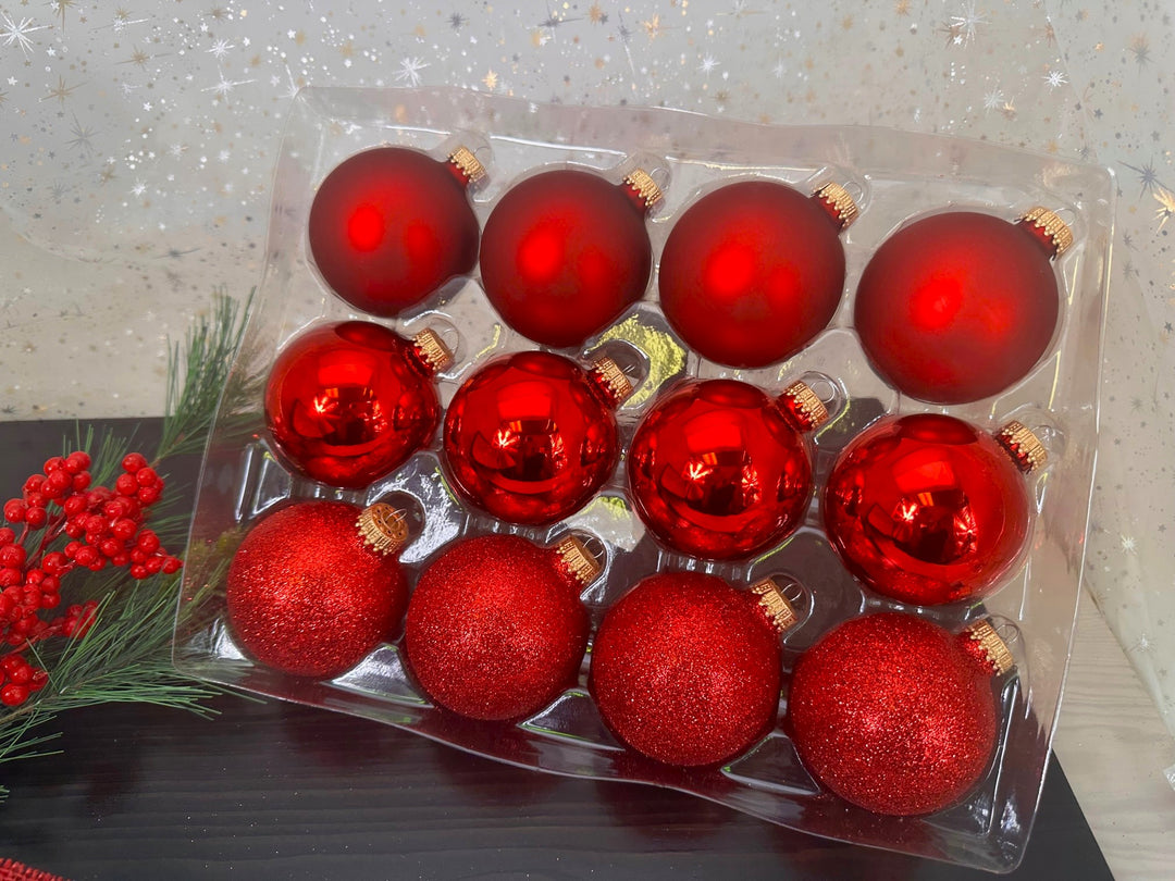 Glass Christmas Tree Ornaments - 67mm/2.63" Designer Balls from Christmas by Krebs - Seamless Hanging Holiday Decorations for Trees - Set of 12 Ornaments (Shiny, Velvet and Glitter Red)