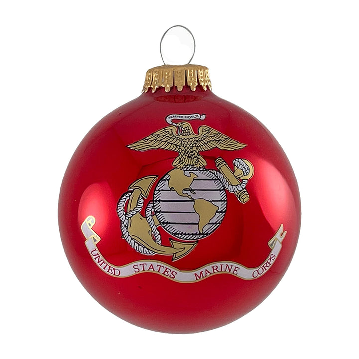 Christmas Tree Ornaments Made in the USA - 80mm / 3.25" Decorated Collectible Glass Balls from Christmas by Krebs - Handmade Hanging Holiday Decorations for Trees (Marine Corps with Established Date, Silk)